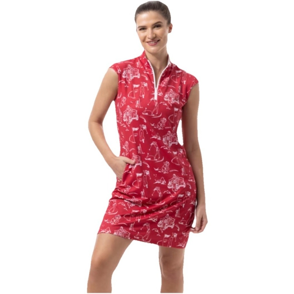 San Soleil UPF 50 SolStyle Cool Sleeveless Zip Mock Dress Red Golf Print Medium